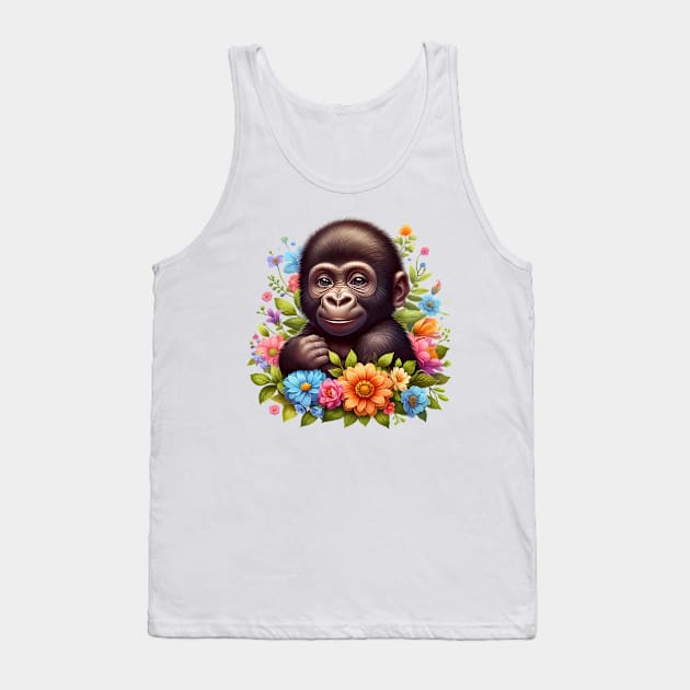 A baby gorilla decorated with beautiful colorful flowers. Tank Top by CreativeSparkzz